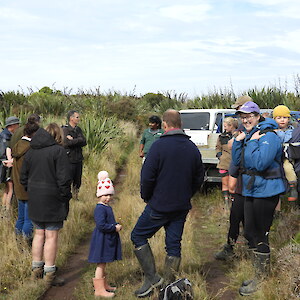 Hearing about hoiho conservation and the history of Te Rere. Photo: Jesse Bythell